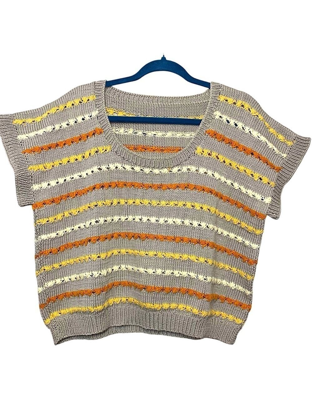 Handmade Crochet Knit Sweater Short Sleeve Tan Orange Sz M Neutral Boho Retro